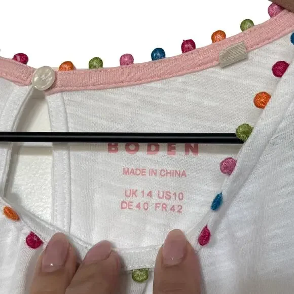 Boden White Pom Trim Ruffle Sleeve Cotton Top Size US 10 - Picture 7 of 9